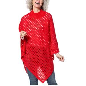 Antthony Women's Open Sweater Mock-Neck Asymmetrical Poncho Red - Regular